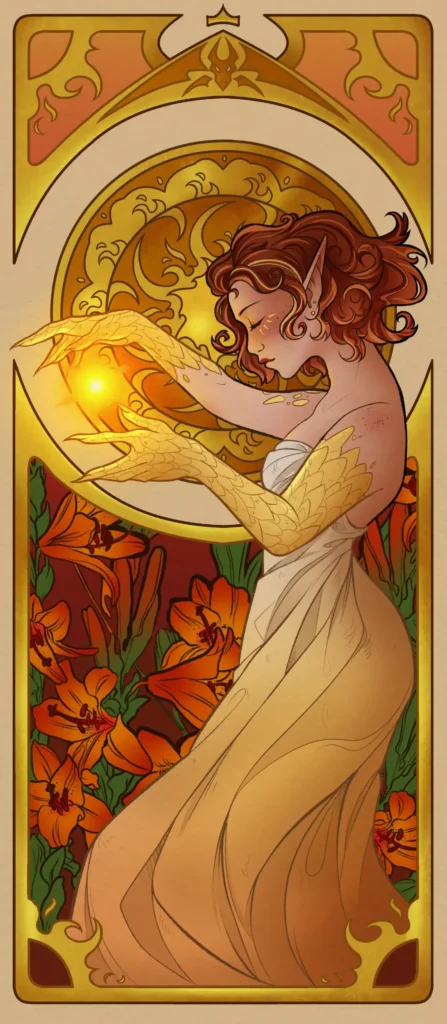 Female Elf Draconic Sorceress Gold Dragon DnD